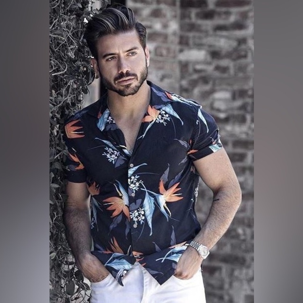 Original Penguin Blue Floral Cuban Collar Shirt, Alex Costa style